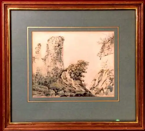 Tintenzeichnung Burgruine, im Passepartout unter Glas