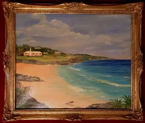 Ölgemälde Meeresstrand mit kleinen Häusern von Kathleen Wells, gerahmt