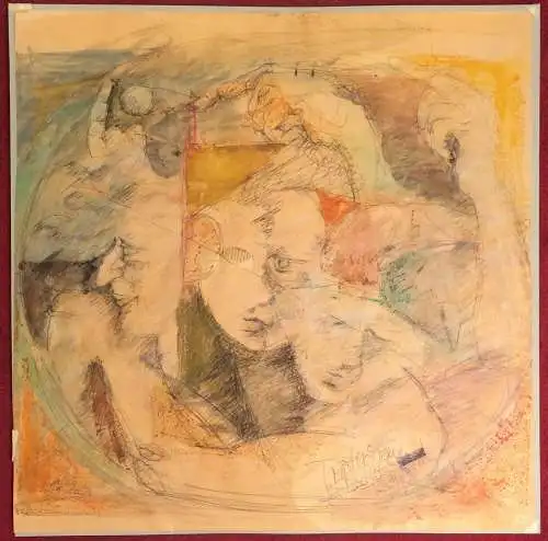 Colorierte Zeichnung „Triptychon“, signiert, datiert 1990, mit Widmung, gerahmt