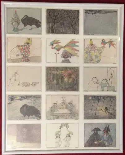 Poster „Winzige Werke“ mit Karikaturen von Paul Flora, gerahmt