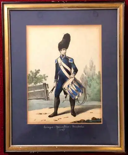 Farblithographie „Bürger - Grendier - Tambour 1807“, gerahmt, von Carl Grünwedel