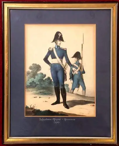 Farblithographie „Infanterie - Tambour – Gemeiner ", gerahmt, von Carl Grünwedel