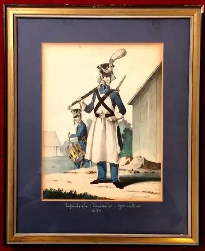Farblithographie „Infanterie - Tambour - Grenadier", gerahmt, von Carl Grünwedel