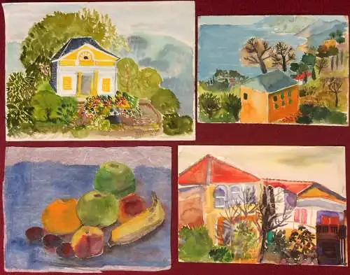 Vier kleinformatige Aquarelle auf Papier, verschiedene Motive, monogrammiert
