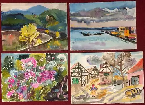 Vier kleinformatige Aquarelle auf Papier, verschiedene Motive, monogrammiert