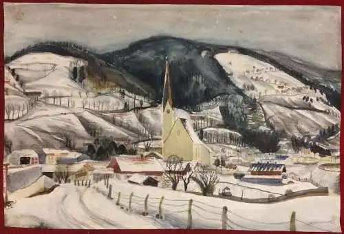 Aquarell Winterlandschaft mit Kirche, Wagrain ?, signiert, datiert 1934
