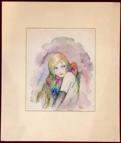 Aquarell Portrait eines jungen Mädchens im Passepartoutrahmen, monogrammiert