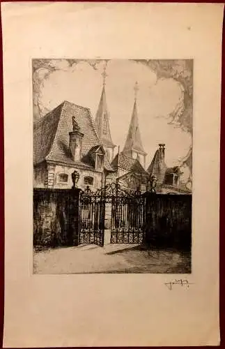 Radierung Türme der Kirche in Echternach von Julien Lefèvre, signiert