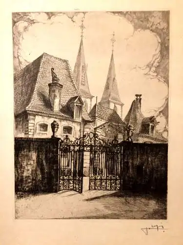 Radierung Türme der Kirche in Echternach von Julien Lefèvre, signiert