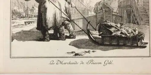 Radierung „Les Marchands de Poisson Gelé“ von Jean-Baptiste Le Prince