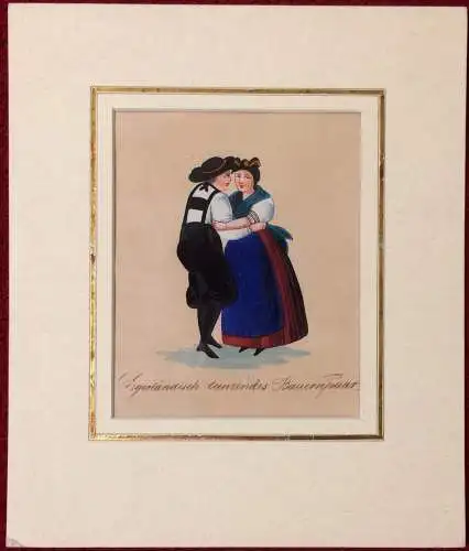 Aquarell „Egerländisch tanzendes Bauernpaar“ im Passepartout, um 1820