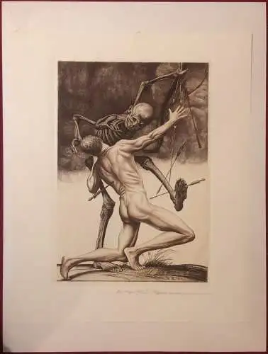 Radierung „Todeskampf“ von Richard Müller, monogrammiert „R. M. 1913“