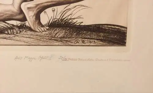 Radierung „Todeskampf“ von Richard Müller, monogrammiert „R. M. 1913“