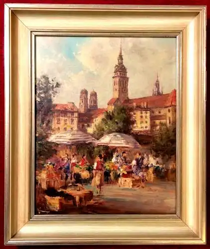 Ölgemälde Viktualienmarkt in München von Wilhelm Neumayer, gerahmt