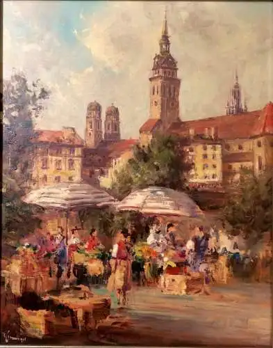 Ölgemälde Viktualienmarkt in München von Wilhelm Neumayer, gerahmt
