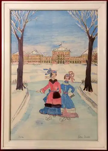 Colorierte Lithographie Schlittschuhlauf vor Schloß Nymphenburg von Petra Moll