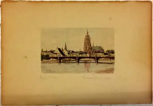 Colorierte Original-Radierung Panorama von Frankfurt am Main, signiert