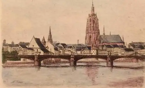 Colorierte Original-Radierung Panorama von Frankfurt am Main, signiert
