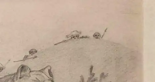 Originelle Bleistiftzeichnung einer Löwenjagd, signiert, im Passepartout, 1924