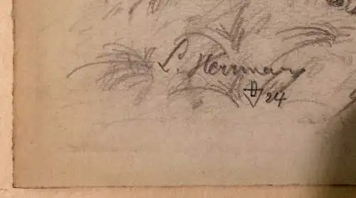 Originelle Bleistiftzeichnung einer Löwenjagd, signiert, im Passepartout, 1924