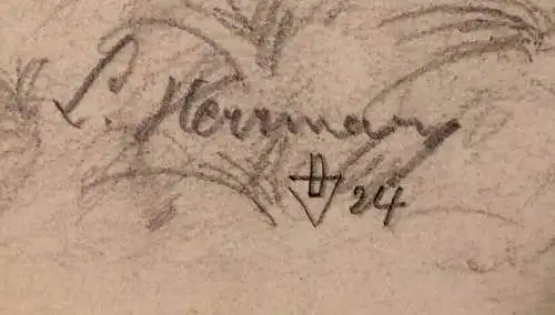 Originelle Bleistiftzeichnung einer Löwenjagd, signiert, im Passepartout, 1924