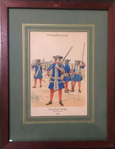 Altkolorierte Zinkographie „Französische Garden 1684“ im Passepartout, gerahmt