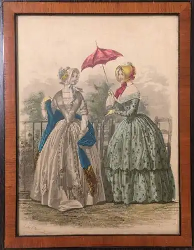 Colorierte Lithographie auf Seide Modedarstellung von Jules David