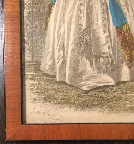 Colorierte Lithographie auf Seide Modedarstellung von Jules David