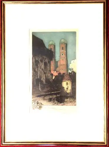 Radierung „Die Frauentürme und die alte Augustiner-Kirche“ von Luigi Casimir