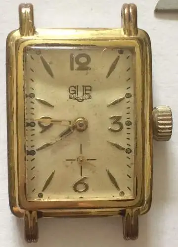 Kleine rechteckige Damenarmbanduhr GUB Glashütte aus vergoldetem Edelstahl
