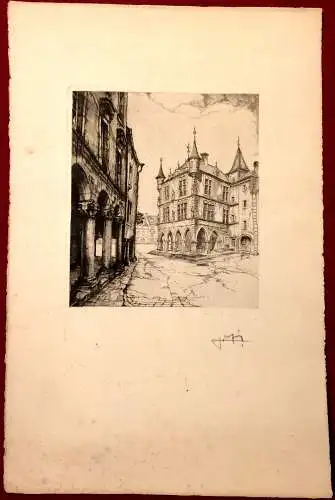 Radierung Marktplatz mit Denzelt in Echternach von Julien Lefèvre, signiert