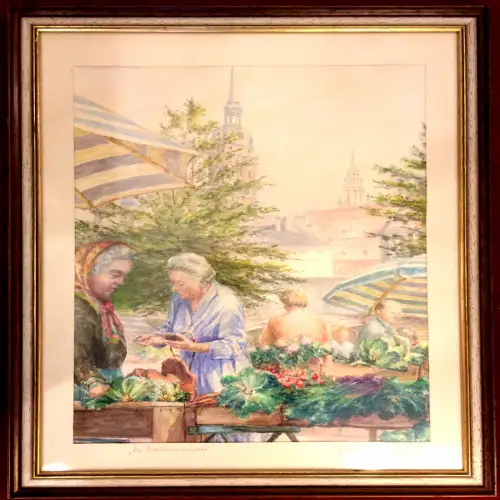 Aquarell „Am Viktualienmarkt“, signiert Ettl, gerahmt unter Glas