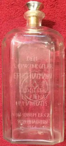 Glasflasche aus d 1960er Jahren mit Freimaurer-Symbol und Inschrift, sehr selten