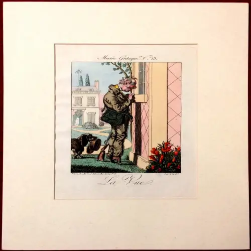 Altcolorierter Kupferstich „La Vue, Musée Grotesque N. 13“ von Aaron Martinet