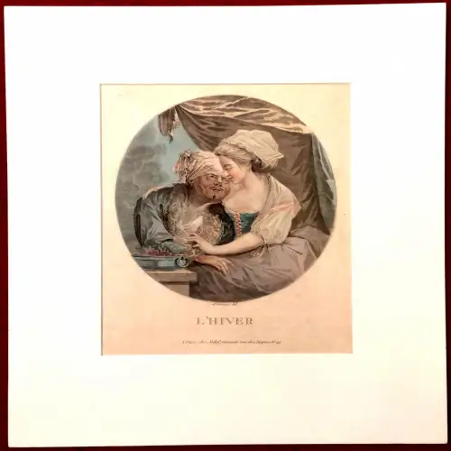 Aquatinta „L'HIVER“ v. Louis Pierre Vidal nach Nicolas Lavrince, im Passepartout