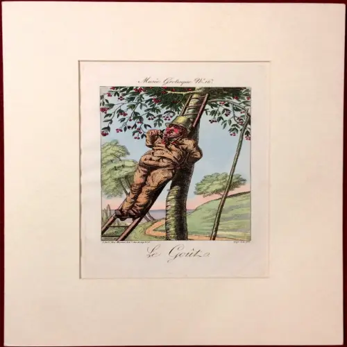 Altcolorierter Kupferstich „Le Goût, Musée Grotesque N. 16" von Aaron Martinet