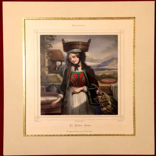 Altcolorierte Lithographie „La Laitière Suisse“ von John Barker