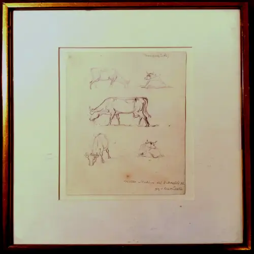 Bleistiftzeichnung,Carl August Lebschée ,5 Kühe,sign. u. bez., gerahmt