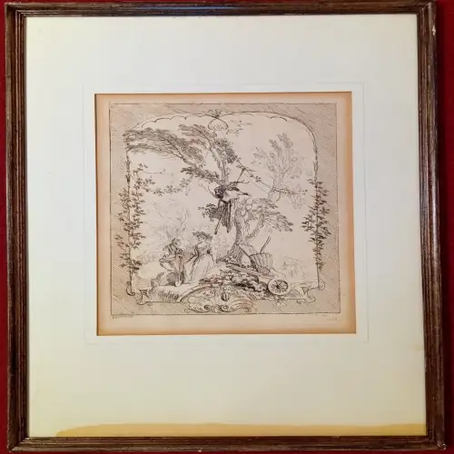 Rad.u.Kupferstich,galanter Gärtner, n. Watteau u. Graveur Francois Boucher,18 Jh