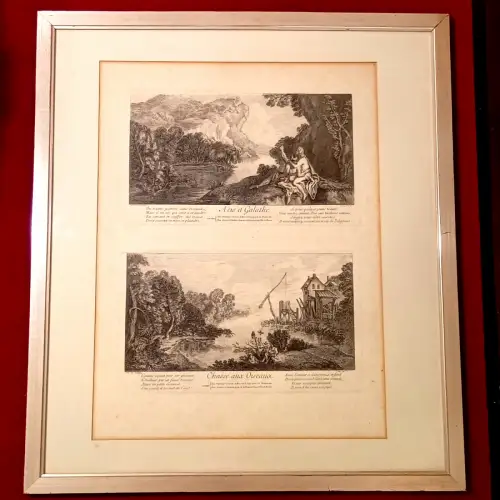 2Kupferstiche,Acis+Galate, sowie Chasse aux Oiseaux,gerahmt unter Passepartout