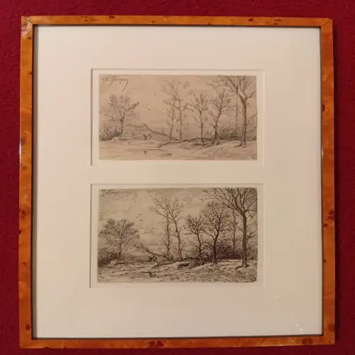 Kreidezeichnung u. Radierung, 2x Winterlandschaft,Charles Emile Jacque ,ca.1850