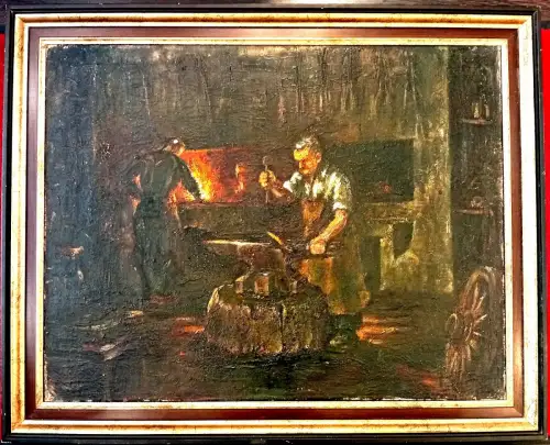 Gemälde, Öl auf Leinwand,Innenansicht einer Schmiede, Arbeit a.d. Esse u. Amboss