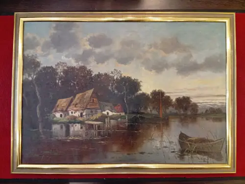 Gemälde, Öl auf Leinwand,Fischerhäuser am See, sign.: A.Köster, München