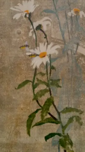 Aquarell,auf Stoff,Margeriten, unten unleserlich bez.,links oben jap.? Kartusche