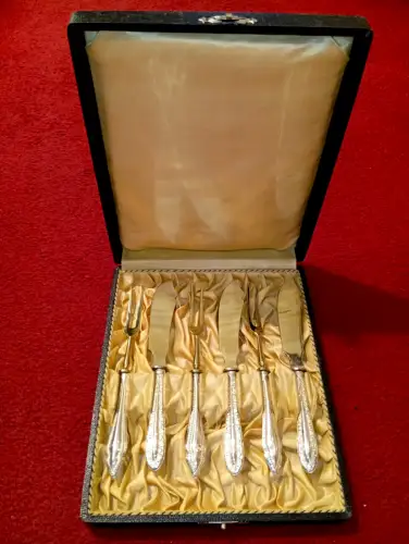 6-teiliges Besteck für Butter/Käse aus 800-er Silber, teilvergoldet