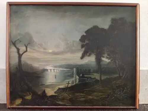 Ölgemälde, Blick über eine nächtliche Flusslandschaft im Mondlicht,Romantik