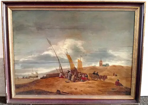 Gemälde "Fischverkäufer am Strand von Scheveningen" , Öl auf Eichenholz