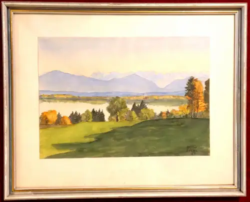 Aquarell Chiemseelandschaft von Gustav Decani, 1954, gerahmt unter Glas