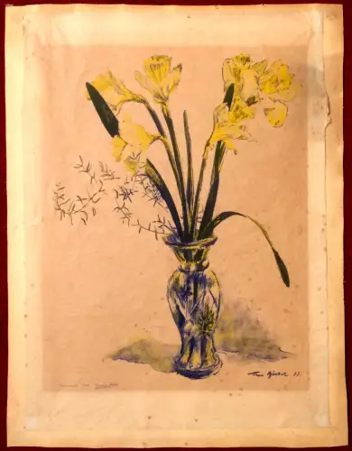 Aquarell Strauß Narzissen in Vase, sign., datiert 1933, Japanpapier auf Karton