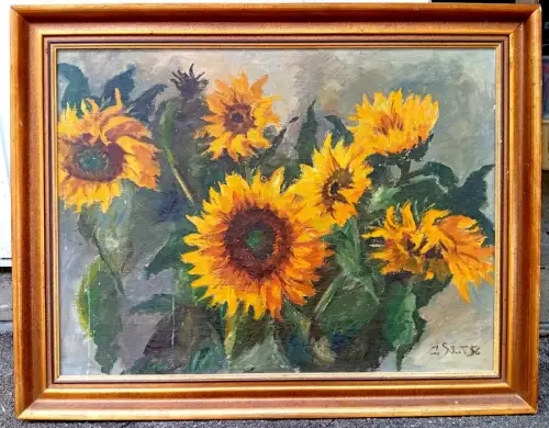 Gemälde, Öl a. Leinwand, Sonnenblumen, Signiert, 1956 v. Johannes Sack,